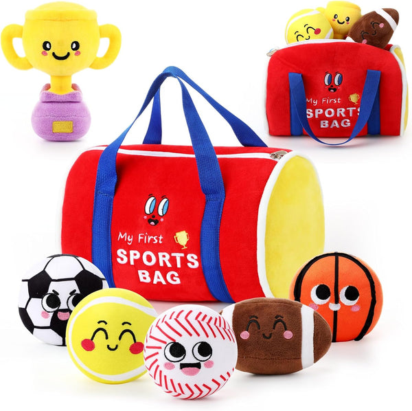 HyDren 7 Pcs My First Sports Bag Plush Toys Playset, Bulit-in Bell