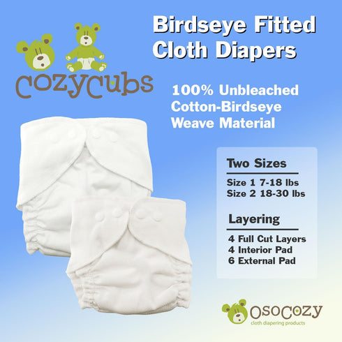 Cozy 100% (730 lbs) Cubs Birdseye Fitted Cloth Diaper Cotton, Snaps, Soft Elastics, Two Sizes