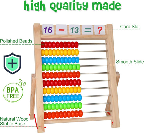 Wooden Abacus for Kids Math - Educational Counting Toy with Sticks and Number Alphabet Cards