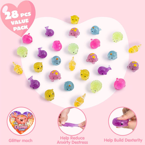 28 JOYIN PCS Valentines Day Gift Cards with Glitter Mochi Squishy Toys, Cute Sea Animals Mochi to Squeeze, Stress