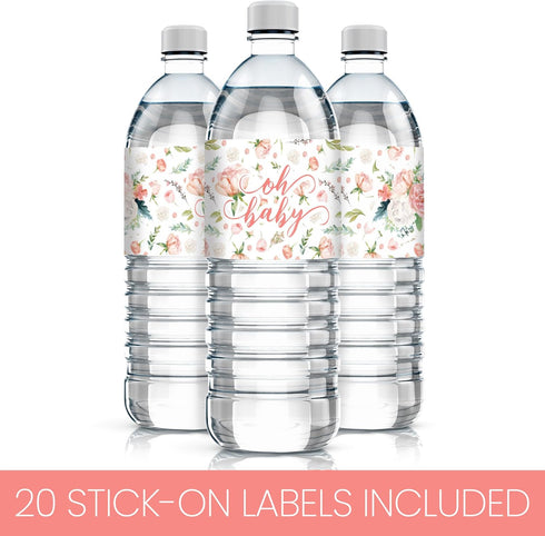 Baby in Bloom Baby Shower Water Bottle Labels - 20 Waterproof Stickers for Pink Floral Boho Girl Baby Shower