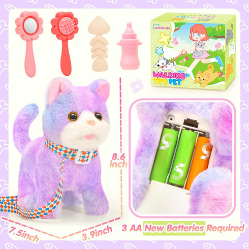 CatchCute Plush Toys Cat for Kids with Leash, Interactive Electronic Kitty That Walking,Meowing,and Tail Wagging