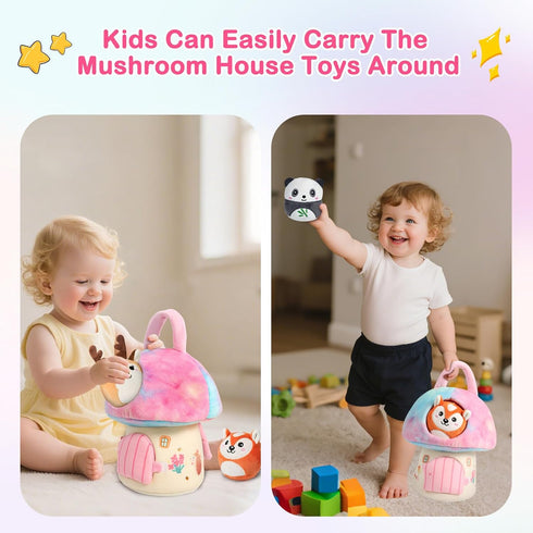 Playset 6 Interactive Plush Mushroom House with Stuffed Animal Toys Soft Sensory Toy for Babies & Toddlers, Montessori