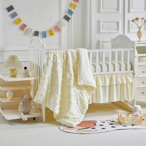 3 Set Set Pieces Crib Bedding Tufted Dots Jacquard Baby Comforter with Fitted Sheet and Bed Skirt - Cute Embroidery