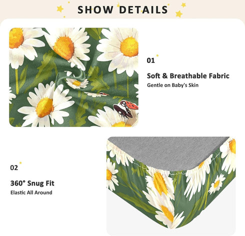 Bseiialft 52 28 Daisies Green Leaves Ladybugs Crib Sheets for Boys Girls Soft and Breathable Cotton Baby Sheets