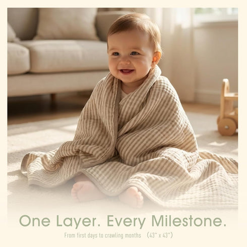 43x43 Inches Ultra Soft Muslin Baby Blanket - Made with Organic Cotton, Gender Neutral Warm Coffee Striped Jacquard