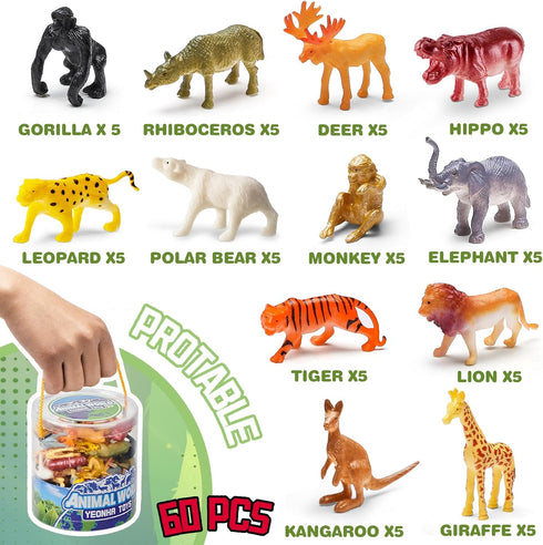 60 Piece Mini Zoo Animal Toy with Gift Box, Realistic Plastic Animal Figures for Sensory Bins, Birthday Gifts
