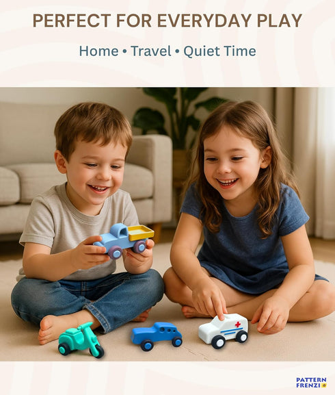 3+ 5 Pack Set Silicone Toy Cars for Kids Ages Soft, Safe Non-Toxic Silicone Cars with Smooth Rolling Wheels, Quiet