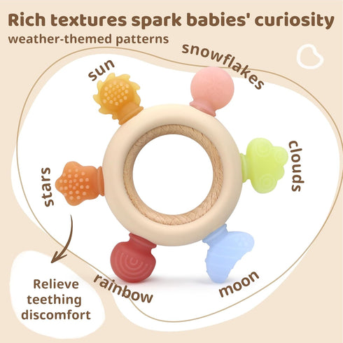 3Pcs Set 3-12 Baby Silicone Teether Toy - Food-Grade Silicone Teething Relief Toys,Wooden Ring Teether Cute Bear Toy