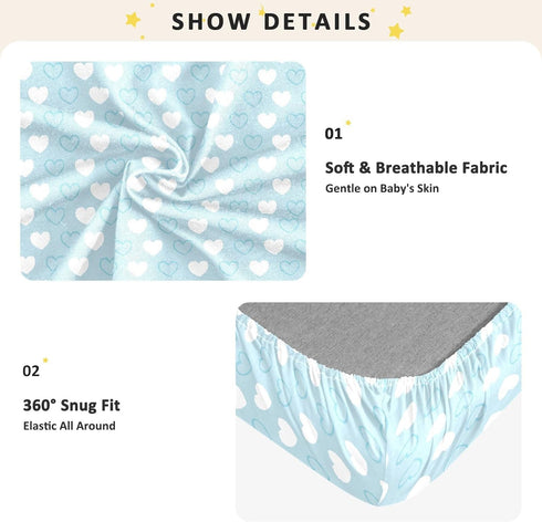 miaozhen 1 Pack 52x28 Cotton Baby Crib Sheets for Boys Girls Soft Breathable Abstract Art Heart Blue White Toddler