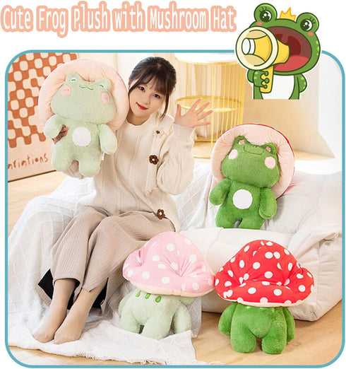 Cute Frog Plush Toy - 10" Stuffed Animal with Red Mushroom Hat for Kids and Adults