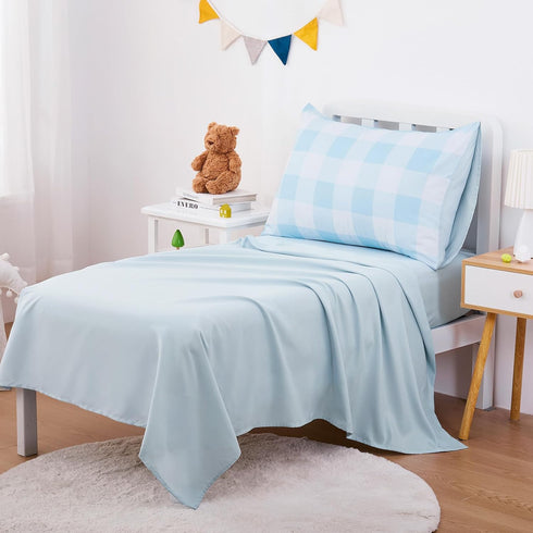 Set 4 Set Wake In Cloud - Gingham Toddler Bedding for Girls Boys, Cute Plaid Buffalo Check, Pieces Soft Crib Bed