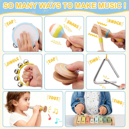 Set 3 4 5 Baby Musical Instruments Montessori Wooden Music Toys for Toddlers Neutral Color Percussion Music Kit