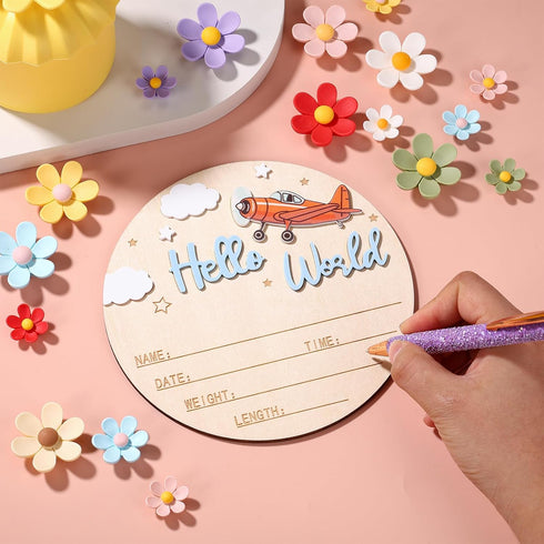 NQEUEPN 15cm/5.91 Inch Wood Newborn Announcement Sign, Wooden Hello World Newborn Arrival Plaques Welcome Birth Baby