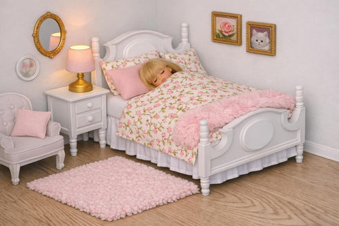 1:12 Set 6-Inch 7-Piece Scale Dollhouse Bedding for Dolls, Pink Comforter, Pillows & Bed Runner, Mini Bed Linen