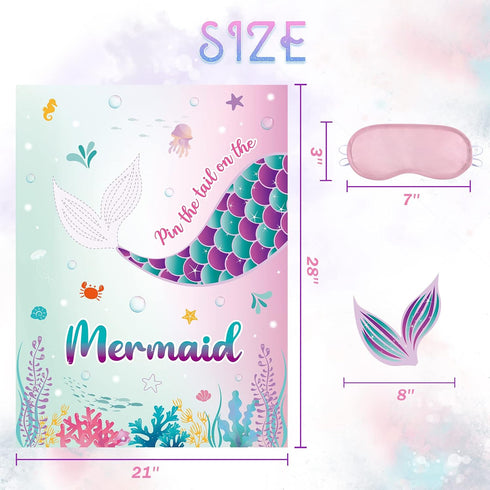 WERNNSAI Pin The Tail on The Mermaid Game - Mermaid Party Decorations with 21'' x 28'' Poster & 24 Pcs Tail Stickers