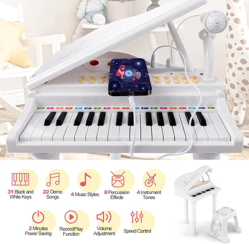 31-Key 31 HONEY JOY Classical Kids Piano, Toy Mini Grand Piano with Music Stand & Stool, Portable Electronic
