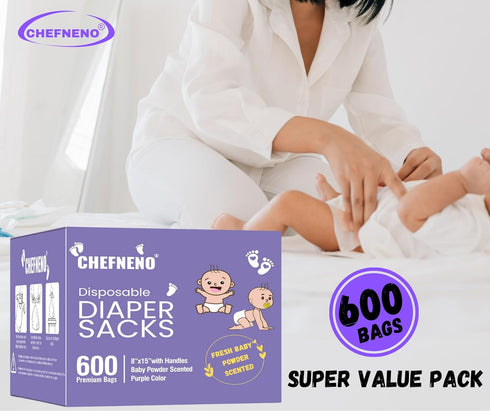(600 (600 Baby Disposable Diaper Sacks ct.) Fresh Baby Powder Scented, Easy-Tie Diaper Sacks Disposal Bulk Diaper Sacks