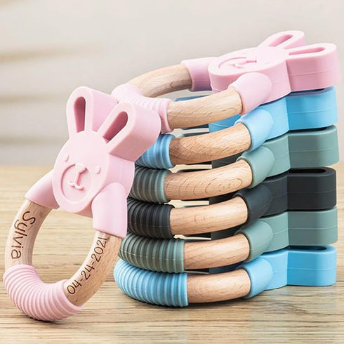 Personalized Wooden Bunny Silicone Teething Ring, Custom Engraved Bunny Silicone Teether with Name Teething Toys