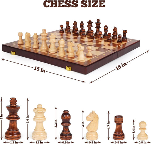 Set 15-Inch Set 2 Wooden Magnetic Chess Foldable Wooden Chess Board with Magnetic Pieces, Portable Travel Chess