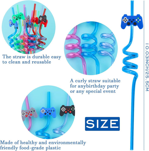 24Pcs Video Game Party Favors Straws, Reusable Drinking Straws for Kids Teen Boys Girls Birthday Party Goodie Bag