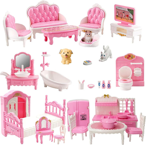Xadothat Dollhouse Furniture Set, Complete Room Collection with Kitchen, Dining, Living Room, Bedroom