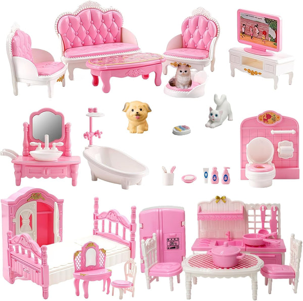 Xadothat Dollhouse Furniture Set, Complete Room Collection with Kitchen, Dining, Living Room, Bedroom