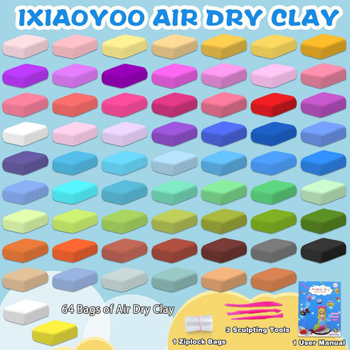 64 3 4 5 6 7 8+ Ixiaoyoo Air Dry Clay, Colors Modeling Clay for Kids, Creative DIY School Arts & Crafts Kit, Soft