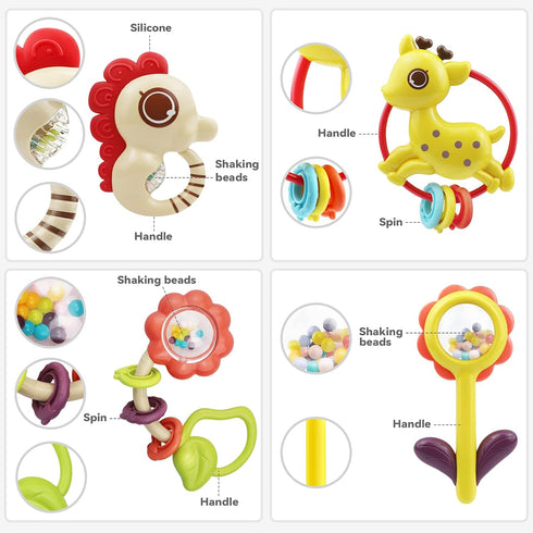 MOONTOY 12pcs Baby Rattles Set, Teething Toys for Babies 0-6 Months, Infant Chew Toys for Newborn Gifts