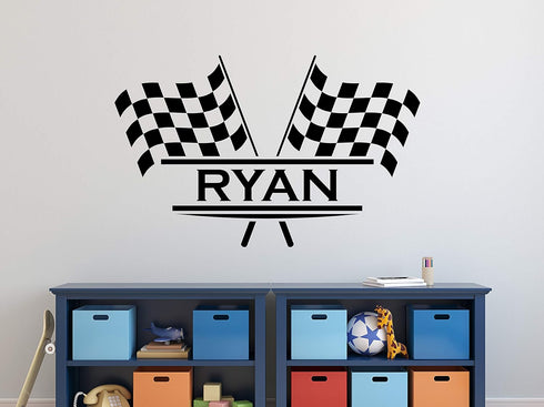 Racing Wall Decal Personalized Name Flags - Nursery Wall Decor - Black Vinyl Sticker (22" x 14") Baby Room