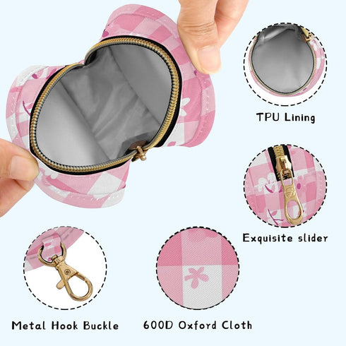 YETTASBIN Pink Gingham Flower Portable Pacifier Holder Case with Metal Hook Buckle & Zipper for Diaper Bag