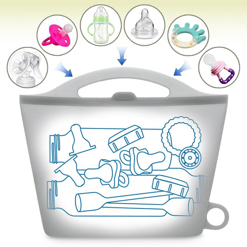 SiLnmLih (Grey-1pcs) Silicone Microwave Steam Sterilizer Bags for Travel Large Reusable Feeding Bottle Sterilization