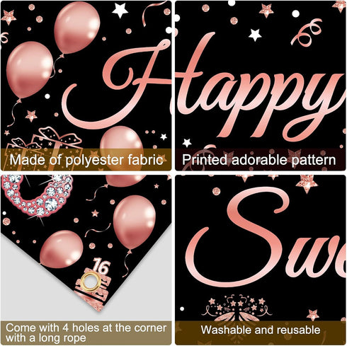 16th Birthday Decorations, Rose Gold Happy Sweet Sixteen Banner Party Supplies for Girl's 16 Year Old
