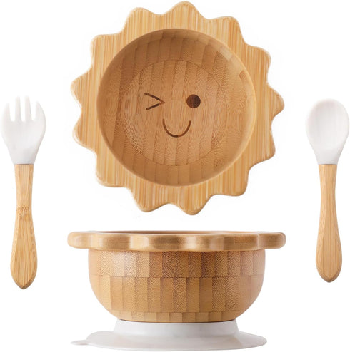 Bamboo Suction Bowl for Baby, Kid, Toddler, Spoon Fork Set, Removable Silicone Suction, All-Natural Feeding Set