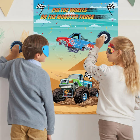 Eaezerav Pin the Wheels on the Truck Game, Monster Truck Poster, 36 Tyres Stickers, 2 Blindfolds for Car Theme Birthday