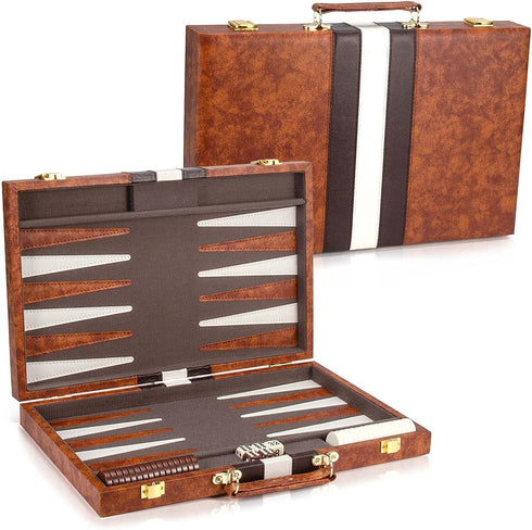 Backgammon Set - 15 Inches Classic Board Game with Leather Case, Portable Travel Strategy Game for Adults and Kids