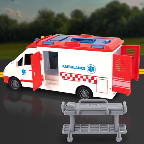 Kids Ambulance Toy Truck 1/16 Scale with Lights & Siren, Friction-Powered Rescue Toy with Removable Stretcher and Open