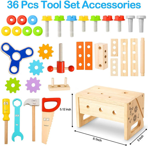 Wooden Kids Tool Set Toy for 2-5 Years Old, 36 Pcs STEM Montessori Toy for Pretend Play, Learning Educational
