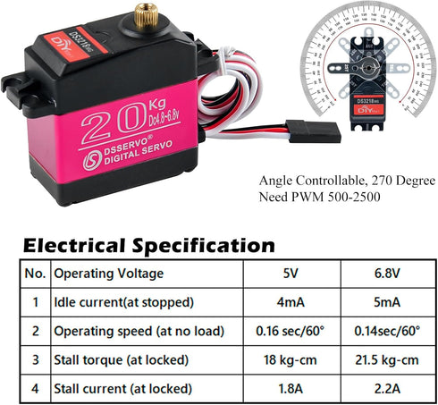 2PCS DS3218 20kg Servo 270 Degree High Torque Waterproof Servo Full Metal Gear with 25T Servo Horn for RC Car