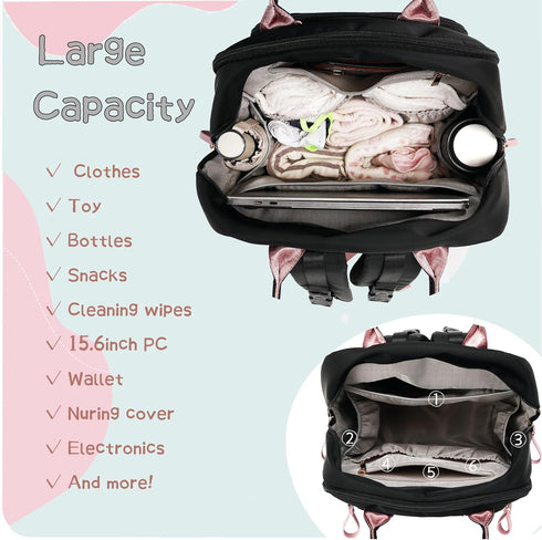 18 Backpack 4 LORADI Pockets Large Diaper Bag with Insulated Pockets and Stroller Clips, Baby Shower Essentials (Black