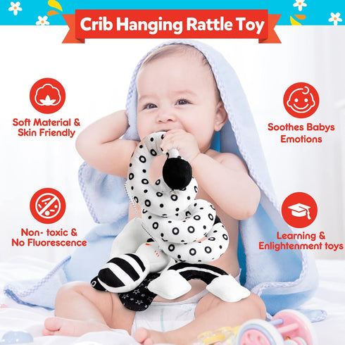Baby Spiral Hanging Stroller and Car Seat Toys, Black and White High Contrast Sensory Toy for Newborns, Plush Activity