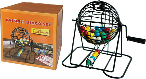 Set 75 100 500 Yuanhe Deluxe Bingo Game - Metal Round Cage, Colored Bingo Balls, Bingo Cards, Mixed Chips and Master