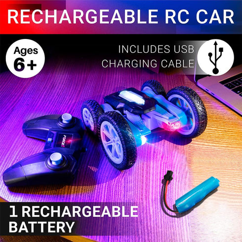 Force1 360 4WD 2.4GHz Tornado Blue LED Remote Control Car for Kids- Double Sided Driving Fast RC Cars Flips, Outdoor