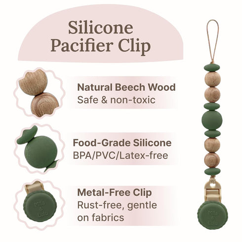 100% Silicone Pacifier Clip Metal-Free, Rust-Free, Food-Grade Silicone and Natural Beech Wood, Secure Pacifier Holder