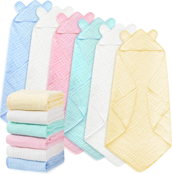 Preboun 6 Pcs Muslin Baby Hooded Towels Cotton Absorbent 6 Layers Cute