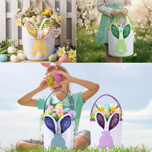 6 1, Honeydak Pcs Easter Eggs Hunt Basket for Kids Lighted Bunny Canvas Rabbit Tote Carry Bags Bucket (color Paillette