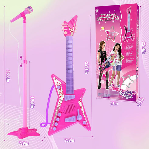 deAO Kids Guitar and Microphone Set, Adjustable Height Microphone with Stand, Music Light Karaoke Toys for Kids