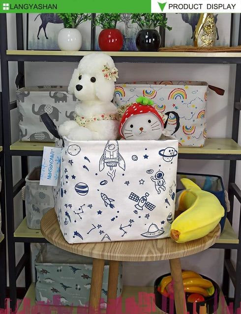 LANGYASHAN Square Storage Baskets, Waterproof Canvas Children Laundry Nursery Hamper for Shelves, Toy Organizer