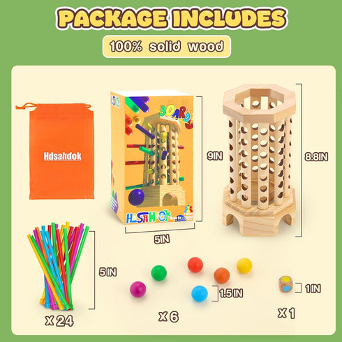 3-6 Montessori Wooden Board Game for Kids Years - Educational Learning Toy with Colorful Sticks, Dice& Balls - Fine
