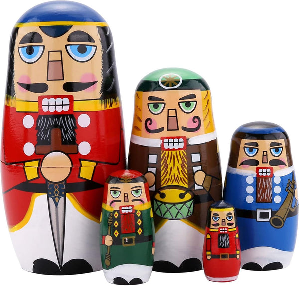 Yoption 5Pcs Russian Matryoshka Dolls, Handmade Wooden Nutcracker Nesting Dolls Set for Kids Christmas Birthday Gift